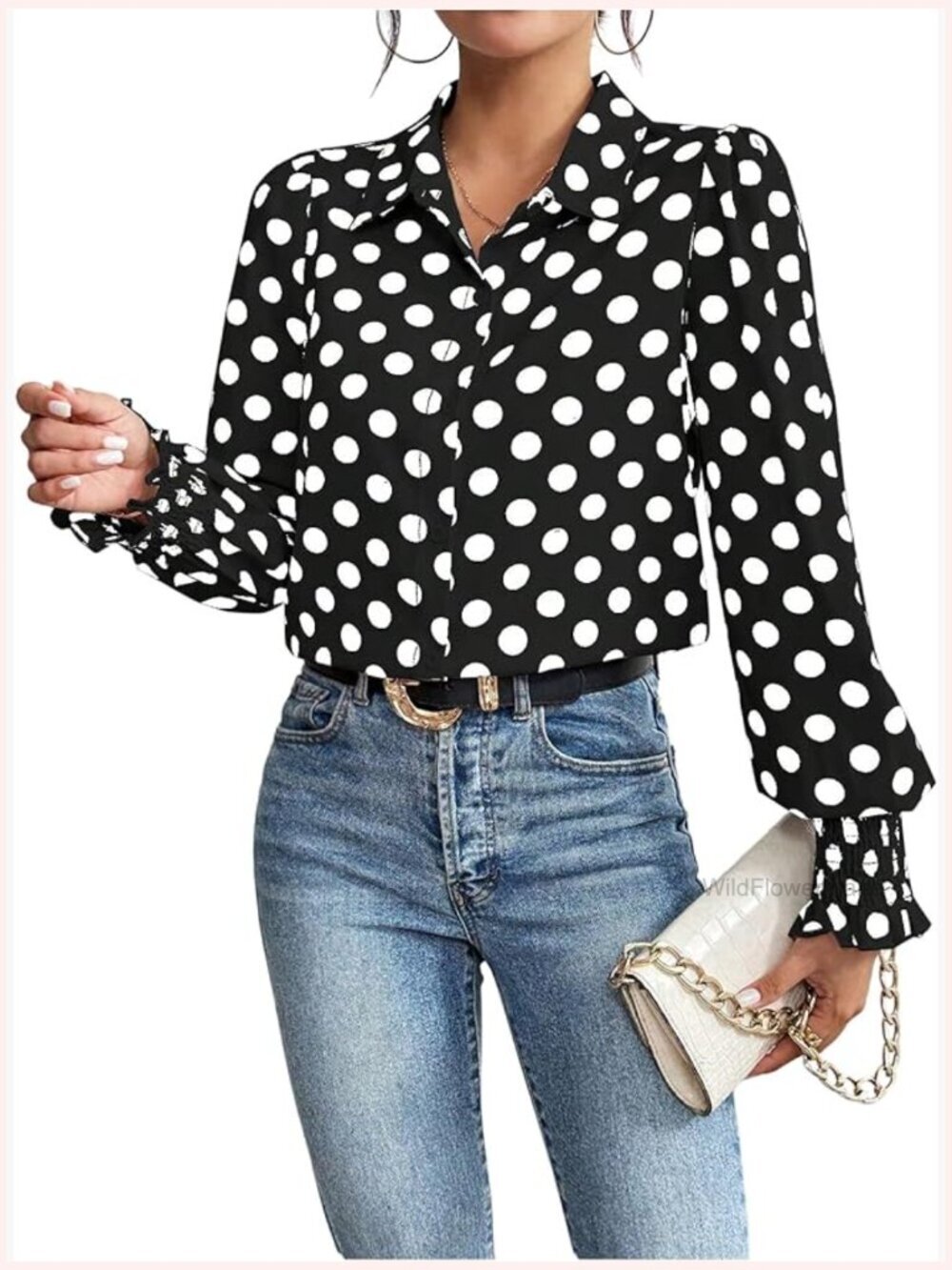 Polka Dot Button Down Ruffle Bishop Long Sleeve Blouse